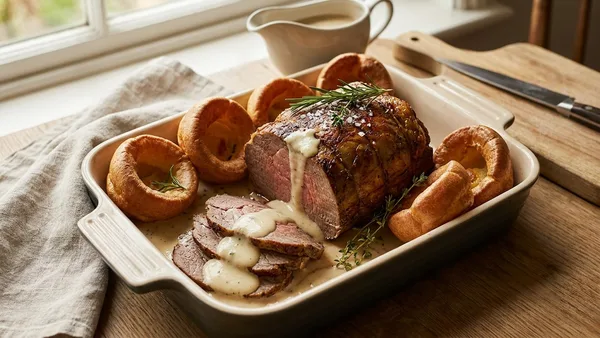 Sunday Roast Beef with Horseradish Pan Sauce and Yorkshire Puddings