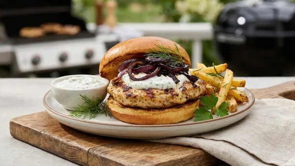 Juicy Grilled Chicken Burger with Garlic-Herb Yogurt and Charred Onions
