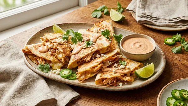 Rotisserie Chicken Quesadillas with Caramelized Onions and Chipotle Crema