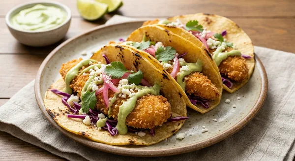 Crispy Air Fryer Chicken Tacos with Avocado Crema