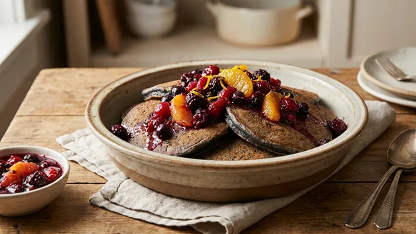 Black Sesame and Buckwheat Pancakes with Citrus Berry Compote