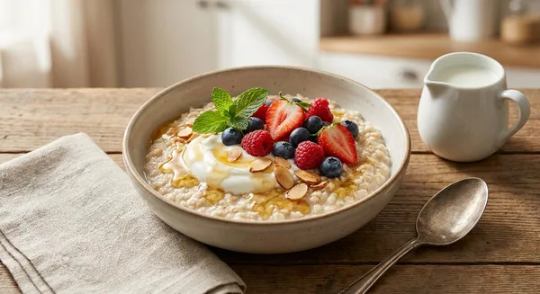 Oatmeal Breakfast Bowl with Mixed Berries, Yogurt, and Honey