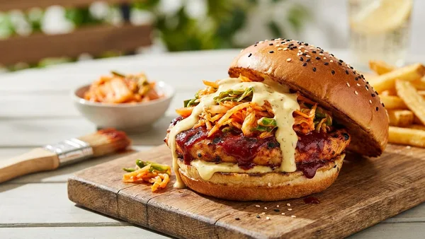 Korean Gochujang Chicken Burger with Kimchi Slaw and Sesame Aioli