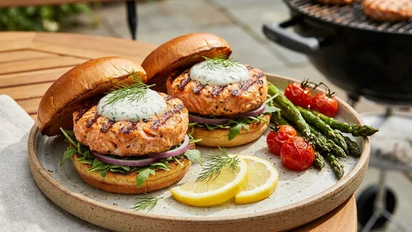 Salmon Burgers with Lemon-Dill Yogurt Sauce