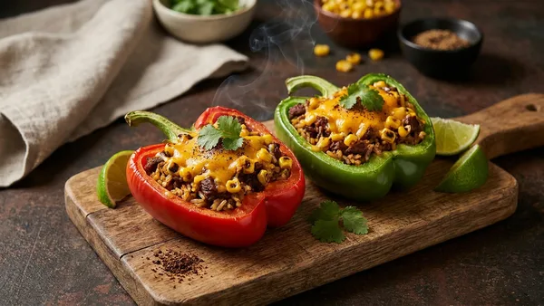 Smoked Beef and Rice Stuffed Peppers with Coffee Rub and Charred Corn