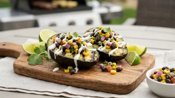 Grilled Avocado Halves with Black Bean Salsa and Lime Crema