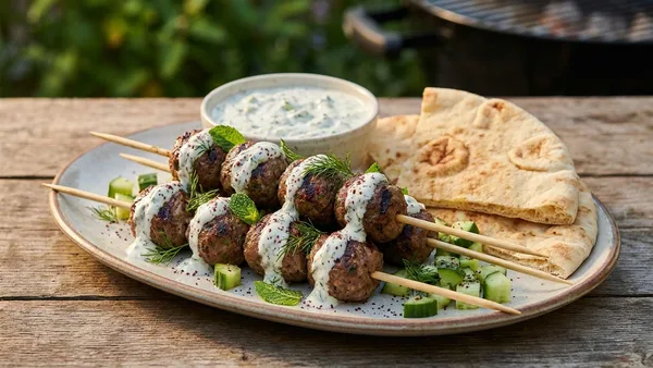 Grilled Lamb Meatball Souvlaki with Quick Tzatziki