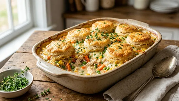 Chicken Pot Pie Casserole with Flaky Biscuit Topping
