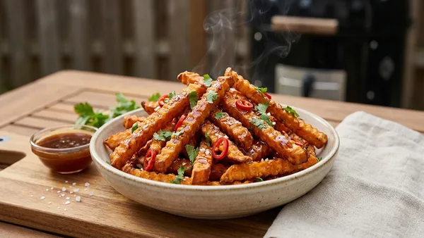 Smoked Crispy Sweet Potato Fries with Maple Chile Glaze