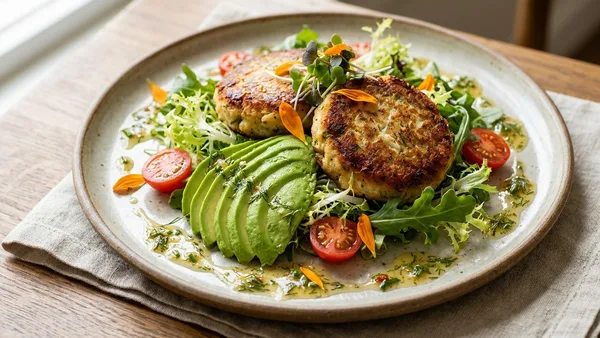 Citrus Avocado Crab Cake Salad with Herbed Vinaigrette