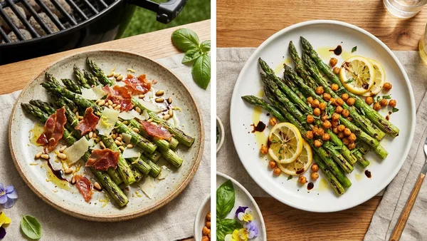 Grilled Asparagus with Lemon, Parmesan, and Crispy Prosciutto (or Vegan Crispy Chickpeas)