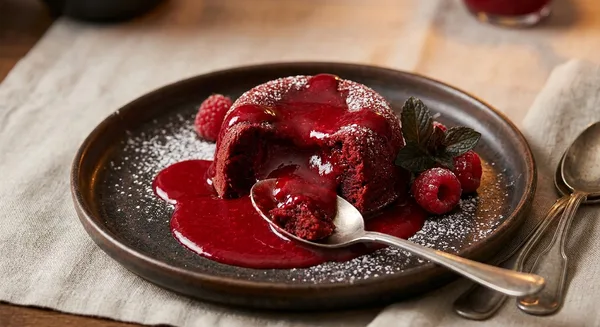 Red Velvet Molten Lava Cakes with Raspberry Blood Sauce