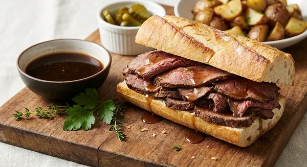 French Dip Sandwich with Thin-Sliced Roast Beef and RUB PRIME STEAK Au Jus
