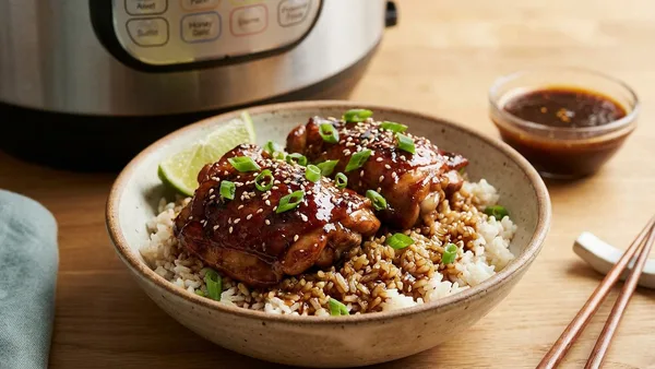 Instant Pot Honey Garlic Chicken Thighs with Sauce-Soaked Rice Bowl