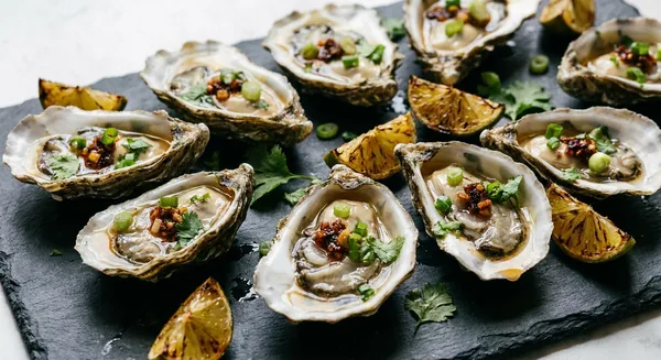 Charcoal-Grilled Oysters with Brown-Butter Garlic, Chili Crisp & Charred Lime