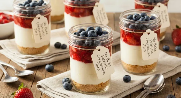 No Bake Patriotic Cheesecake Jars with Berry Compote