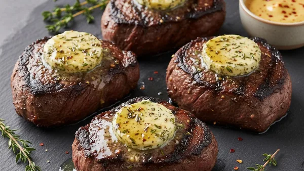 Butter‑Basted Grilled Filet Mignon with Charred Garlic‑Herb Butter & Smoky Dijon Dipping Sauce