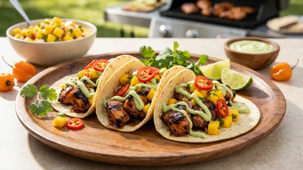 Spicy Mango Habanero Grilled Chicken Tacos with Avocado Crema