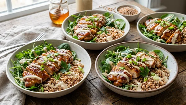 Honey Garlic Chicken Thigh Meal-Prep Bowls with Farro, Greens, and Tahini Drizzle