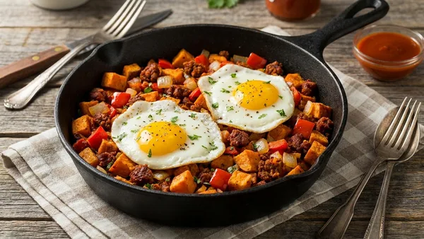 Breakfast Crispy Sweet Potato Home Fries Skillet with Chorizo and Fried Eggs