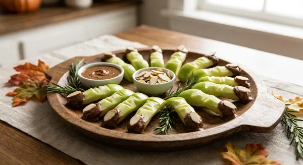 Healthy Witch Fingers Apple Snacks with Almond Butter and Slivered Almond Nails