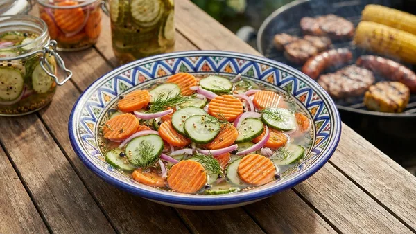 Quick Pickled BBQ Veggie Trio — Carrots, Cucumbers and Red Onions