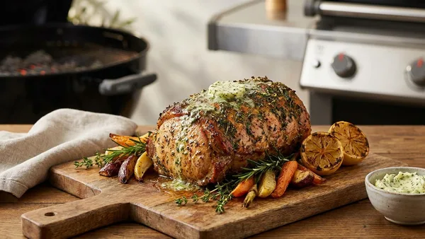 Grilled Rotisserie Pork Roast with Herbed Butter for Charcoal and Gas Grills
