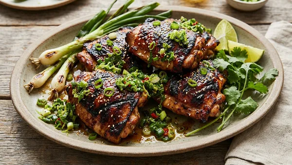 Sticky Grilled Honey Garlic Chicken Thighs with Charred Scallion Relish