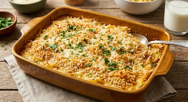 Funeral Potatoes (Hashbrown Casserole) with Crispy Panko Topping