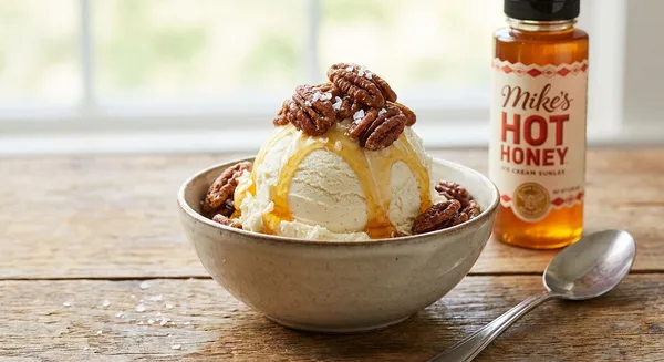 Mike's Hot Honey Ice Cream Sundae with Sea Salt and Candied Pecans