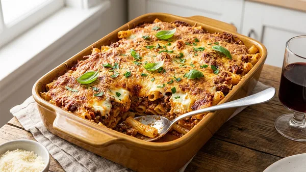Baked Beef and Ricotta Ziti with Crispy Parmesan Top