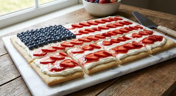 Red White and Blue Flag Fruit Pizza with Whipped Cream Cheese and Berry Glaze