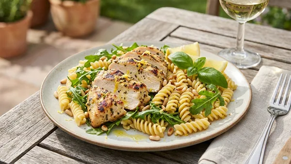 Grilled Lemon Herb Chicken Pasta with Arugula and Pine Nuts