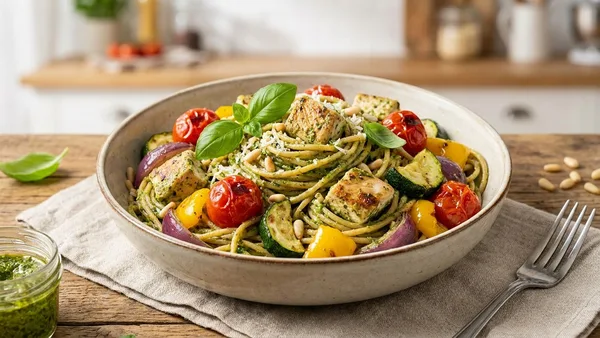 Healthy Whole-Wheat Chicken Pesto Pasta with Roasted Vegetables (30-Minute)
