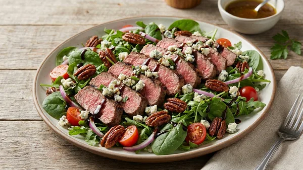 Steak Salad with Blue Cheese, Candied Pecans and Balsamic Glaze