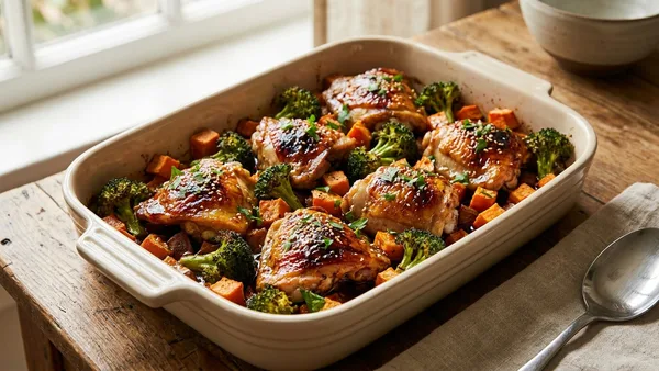 Sheet-Pan Honey Garlic Chicken Thighs with Roasted Broccoli and Sweet Potatoes