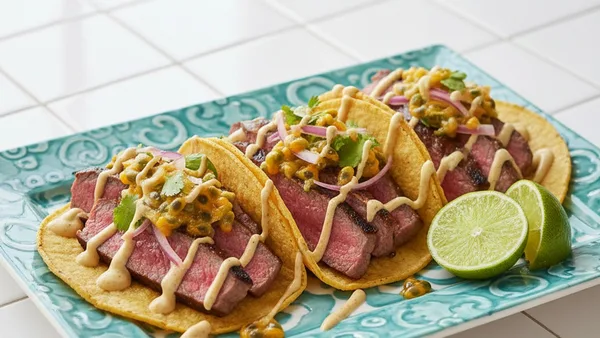 Grilled Ribeye Tacos with Muddled Passion Fruit Salsa and Charred‑Lime Crema