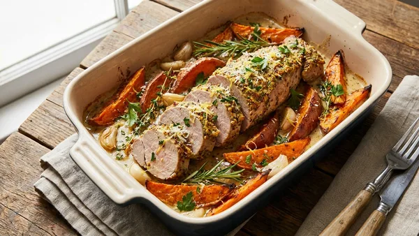 Sheet-Pan Mustard-Herb Pork Tenderloin with Roasted Sweet Potatoes and Garlic-Parmesan Pan Sauce