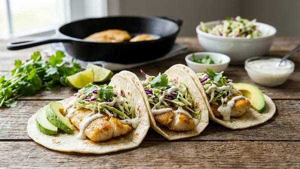 20-Minute Pan-Seared Tilapia Fish Tacos with Quick Slaw and Creamy Sauce
