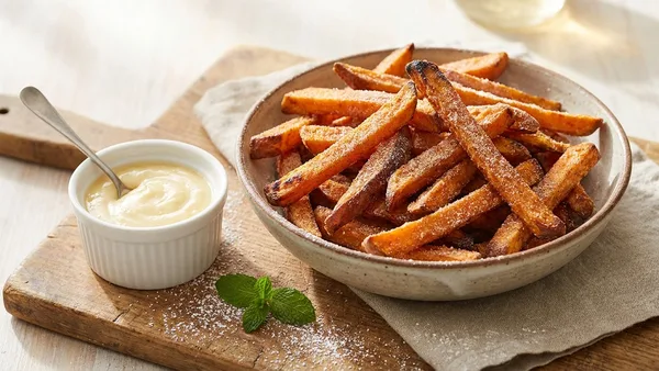 Cinnamon Sugar Crispy Sweet Potato Fries with Honey Butter Dip (Dessert Fries)