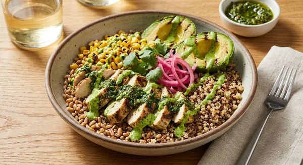 Grilled Chimichurri Chicken Grain Bowl with Charred Corn and Avocado