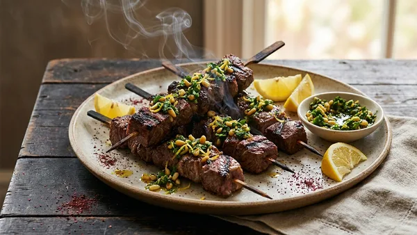 Smoked Lamb Kabobs with Sumac and Pine Nut Gremolata