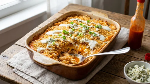 Buffalo Chicken Casserole with Blue Cheese and Ranch Drizzle