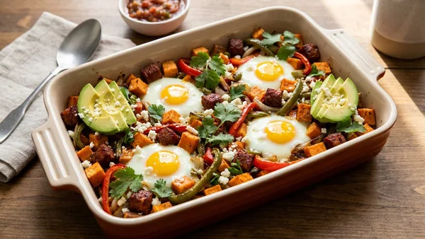 Sheet Pan Breakfast Hash with Sweet Potatoes, Chorizo, and Eggs
