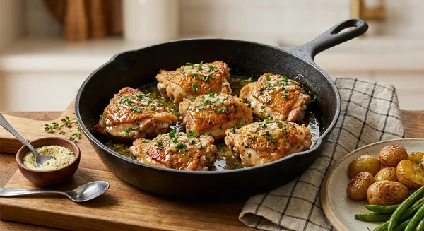 Skillet Garlic Butter Chicken Thighs with Kinder's Organic Buttery Garlic Salt