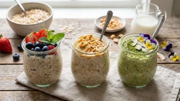 Overnight Oats Trio: Berry, Peanut Butter Banana, and Matcha