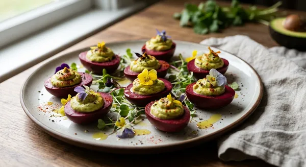 Beet Dyed Deviled Eggs with Creamy Avocado Filling