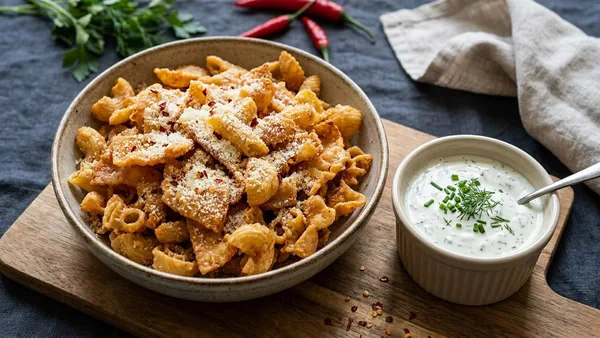 Fried Pasta Chips with Parmesan, Chili Flakes and Herbed Ranch Dip (Snackable Leftovers)