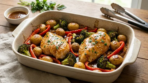 Sheet Pan Baked Honey Garlic Chicken Breasts with Roasted Vegetables