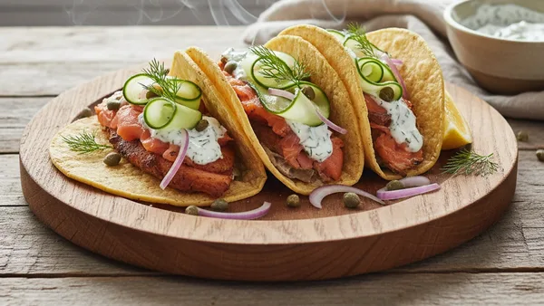 Smoked Salmon Fish Tacos with Dill-Yogurt Sauce and Pickled Cucumber